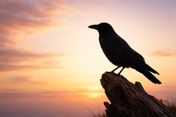 Fototapeta premium Silhouette of a crow perched on a tree stump at sunset
