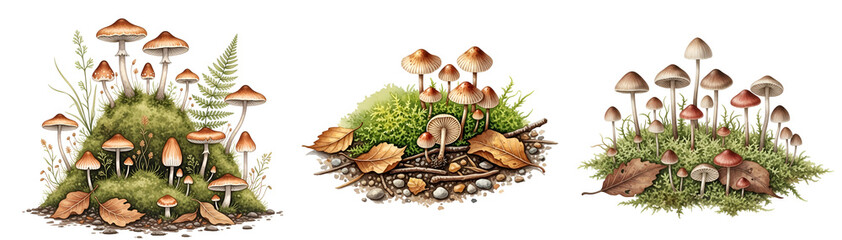 A set of three mushroom clusters on transparent background