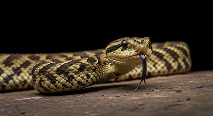 Fototapeta premium Close-up of a snake with forked tongue flicking on a dark background.