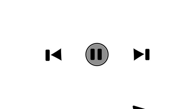 Media player controls with rewind, pause and play buttons and a cursor icon on white background Keywords: media player, controls, buttons, rewind, previous, back, pause, play, next, forward