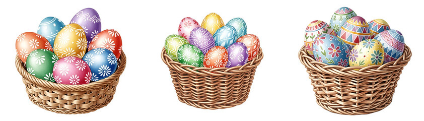 Three wicker baskets filled with colorful Easter eggs on transparent background