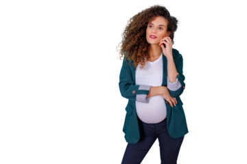 Pregnant business woman thinking about her career future, blending professional life with motherhood, transparent background