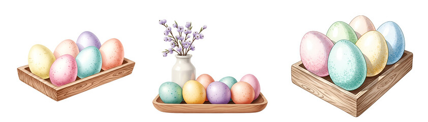 A set of colorful Easter eggs in wooden crates on transparent background