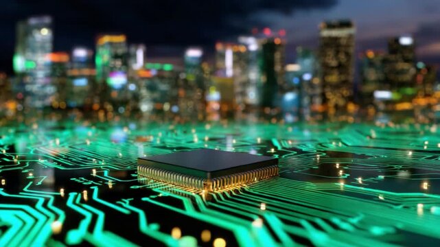 Futuristic Circuit Board with Microprocessor Set Against a Vibrant City Skyline, Illuminated by Night Lights and High-Precision LED Effects, Illustrating Technology and Urban Development