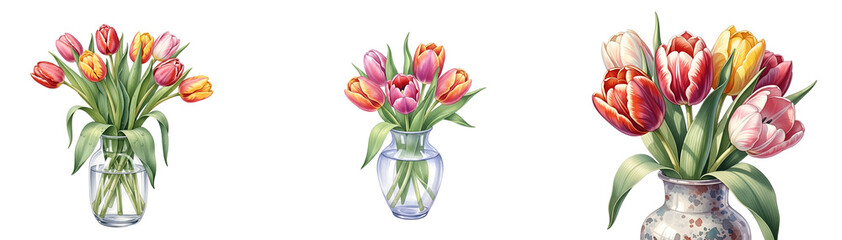 Three beautiful vases of colorful tulips on transparent background