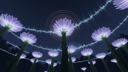 Glowing flowers illuminated in a dark environment at night