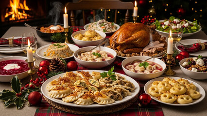 Fototapeta premium Cozy Christmas dinner table with traditional holiday foods and decorations