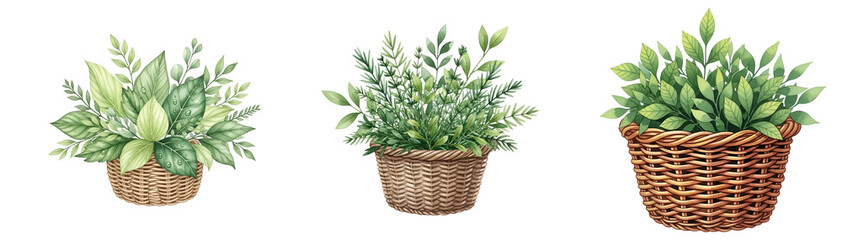 Three potted plants with lush greenery on transparent background