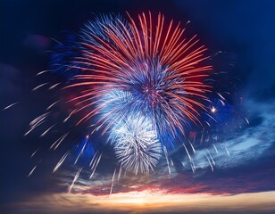 a vibrant display of fireworks with red white and blue colors against a cloudy sky background scene