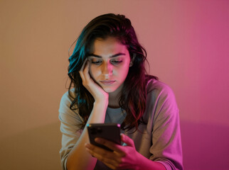 Young Woman Looking At Smartphone Under Neon Pink And Teal Lighting