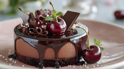 chocolate cherry mousse cake with glossy glaze and fresh cherries