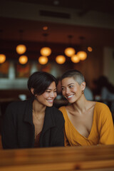 Happy diverse Asian lesbian couple sharing a loving look in a cozy cafe. Modern LGBTQ+ women lifestyle and intimacy concept with warm bokeh background.