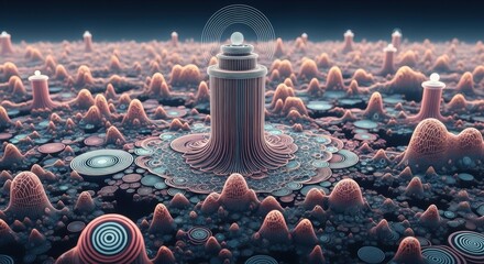 Futuristic digital landscape with abstract geometric patterns and surreal structures