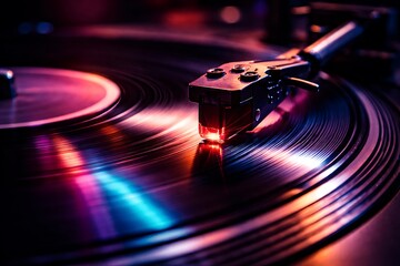 Vinyl record player with stylus on spinning vinyl, colorful neon lights reflecting on turntable
