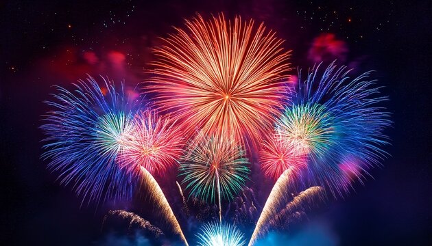 colorful fireworks exploding in the night sky with vibrant bursts of light and smoke trails display - Powered by Adobe