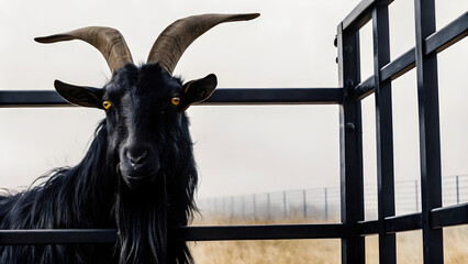 Dark Fantasy Illustration of Goat-Like Humanoid Creature with Red Eyes Behind Gate in Stormy Forest Setting