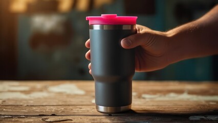 Hand holding a dark gray insulated travel mug