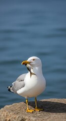 Obraz premium Seagull stands on rock holding a small fish in its beak.