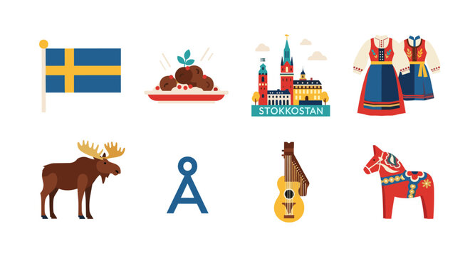 Collection of Swedish cultural icons including flag, food, landmarks, and traditional items