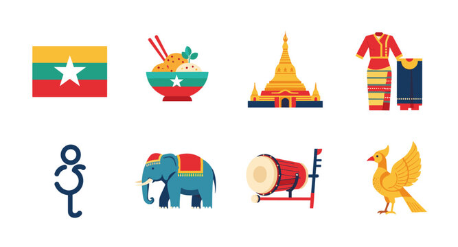 Myanmar cultural symbols collection: flag, food, pagoda, clothing, elephant, drum, bird