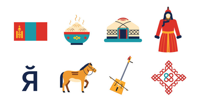 Mongolian cultural symbols including flag, food, yurt, traditional clothing, horse, and music