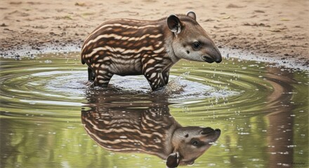 Obraz premium Baby tapir enjoys a refreshing swim in a peaceful pond