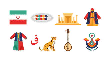 Collection of Iranian cultural symbols and landmarks in a flat design style