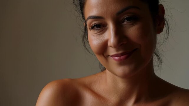 Close up portrait of beautiful Colombian woman with warm smile posing in studio with portrait lighting, isolated face of happy latina female model looking forward.