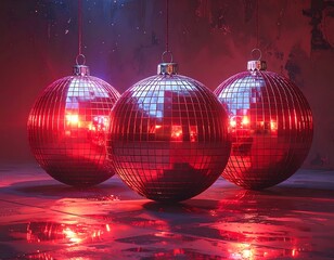 Three round, reflective, red orbs hang in a moody, red-lit space, casting reflections on the floor and walls, like a festive scene