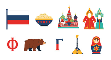 Collection of Russian cultural symbols and landmarks in a flat design style
