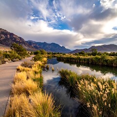 Scenic River Landscape with Mountains and Cloudy Sky.