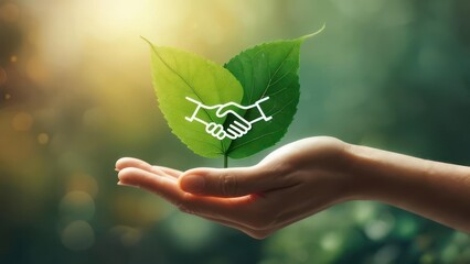 Hand holding two leaves with a handshake graphic