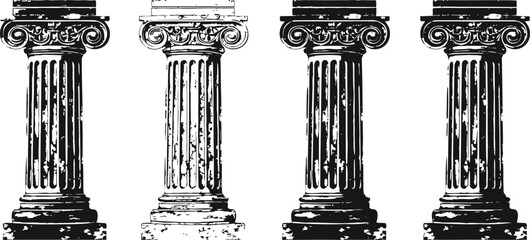 Ancient architectural columns set with ornate ionic capitals, weathered texture, classic greek design elements