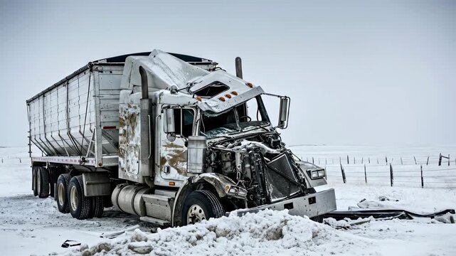 Damaged semi truck with trailer after a road accident in snowy landscape, a concept for transportation insurance and winter driving risks footage