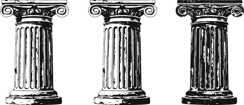 Three ancient ionic columns with ornate capitals in black and white vintage illustration