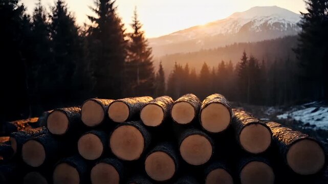 Deforestation. Environment conservation. Ecosystem. A closeup shot of a stack of logs in a forest during sunset. The logs are neatly arranged in a pile, with the sun casting a warm.