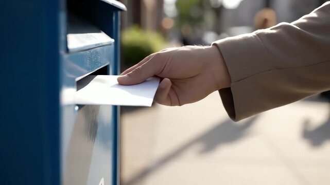 Close up of hands inserting mail into a secure metal mailbox
