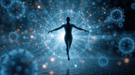 Human body hologram with viruses. Abstract digital representation of a person with biohazard cells. Medical research and health science.