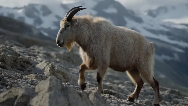 Mountain goat standing on rocky alpine ridge with blurred high-altitude peaks