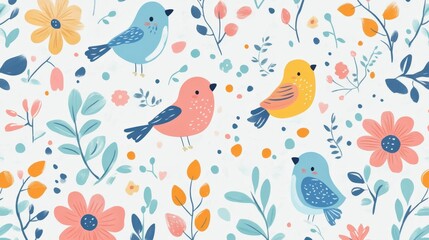 Obraz premium Colorful bird patterns in floral design nature illustration vibrant environment whimsical viewpoint creative concept for design lovers