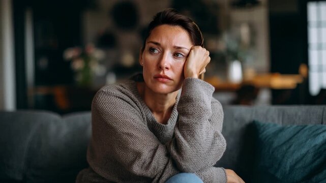 Woman sitting on sofa with worried expression looking around empty house. Concept of loneliness and emotional concern.
