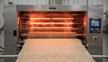 Medium view of an electric infrared curing oven with glowing elements demonstrating precise temperature control for uniform drying of textile coatings.