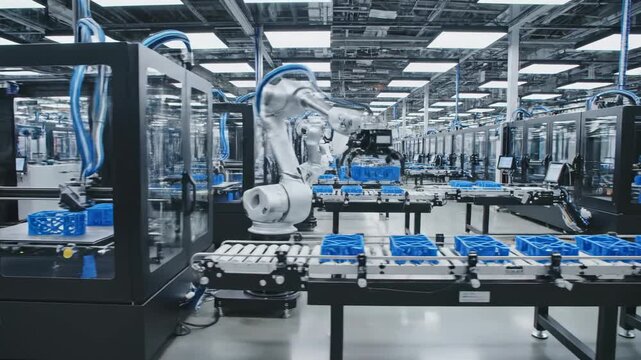 Automated assembly line process with 3D printer manufacturing blue objects and robotic arm moving them on conveyor. Industry 4.0 automation.