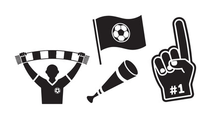 Soccer fan accessories vector icon set featuring a supporter scarf, team flag, vuvuzela horn, and foam finger for football match and stadium cheering designs. © NaeemurRahman
