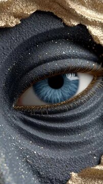 Vertical video of a surreal blue eye symbol linked to Lord Shivas third eye. Glossy black skin with gold glitter sparkles in a mystical macro closeup. Perfect for Mahashivaratri design.