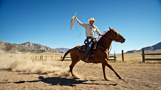 Cowboy riding horse with lasso in open field
