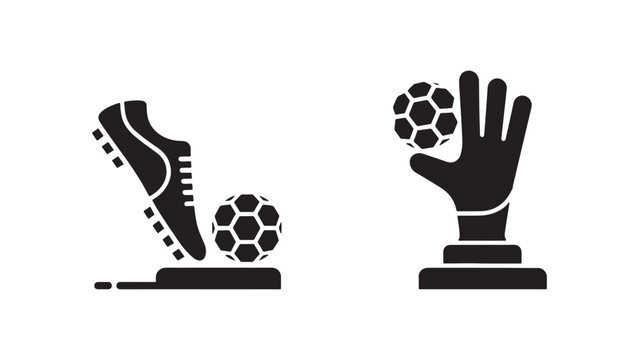 Soccer action vector icons featuring a football boot kicking a ball and a goalkeeper glove holding a soccer ball trophy for sports training and award designs.