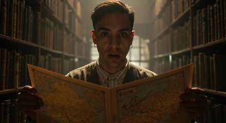 A nonbinary person's face reveals surprise as they hold open a vintage map in a library, a concept of historical discovery and educational exploration.