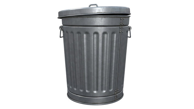 Metal trash can with lid and metal handle lid is shown in.