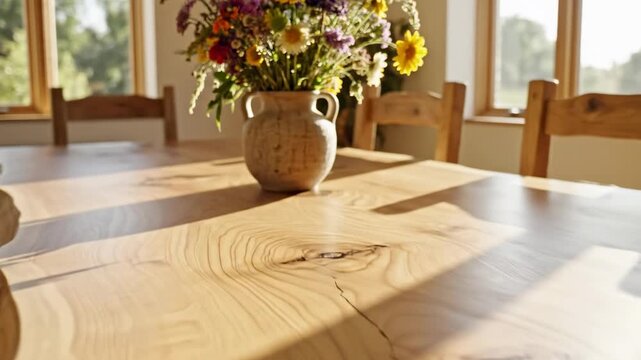 Wooden live edge dining table with wildflower vase in sun dappled room, natural home decor video footage